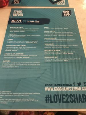 Mezze menu at Koocha Mezze Bar in Bristol