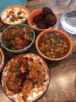Braised chickpeas, falafel, hummus, spiced potatoes, cauliflower   at Koocha Mezze Bar in Bristol