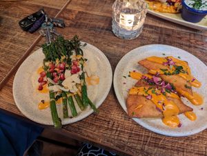 Samosas and tenderstem brocolli at Koocha Mezze Bar in Bristol