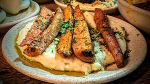 Maple glazed carrots with parsnip houmous at Koocha Mezze Bar in Bristol