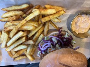 Burger and fries  at Koocha Mezze Bar in Bristol