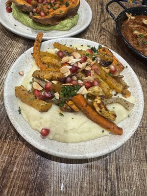 Glazed seasonal roots with parsnip hummus  at Koocha Mezze Bar in Bristol