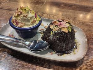 Chocolate fondant with pistachio honey at Koocha Mezze Bar in Bristol