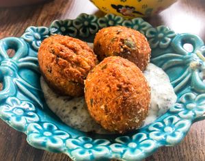 Falafel (on top of yoghurt) at Koocha Mezze Bar in Bristol