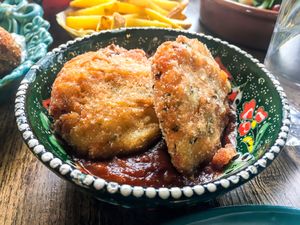 Rissoles (potato & split pea rolled in rice crumbs on top of tomato sauce) at Koocha Mezze Bar in Bristol