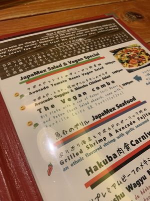 Clearly marked vegan options  at TacoTaco in Hakuba