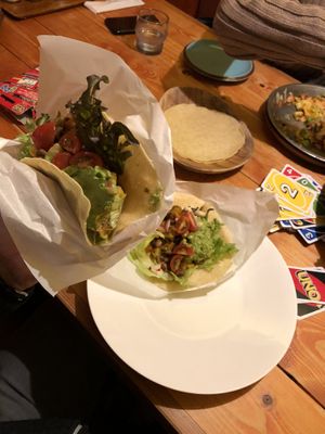 Vegan corn tacos! Beans, sweet potatoes, tomatoes, avocado, and lettuce.  at TacoTaco in Hakuba