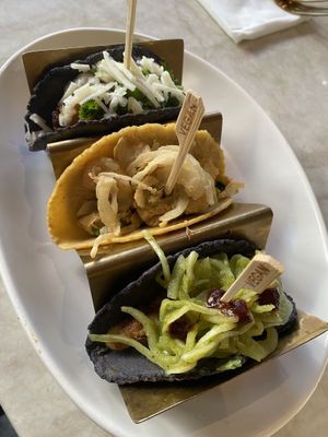 3 vegan taco samples. The middle is the bestt  at Tocaya Modern Mexican in El Segundo