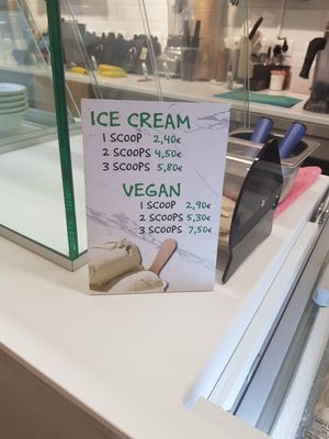 Vegan ice cream prices - options were chocolate, hazelnut and mango. at Happy Blender in Athens