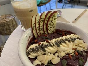 Açaí bowl and fresh watermelon juice  at Happy Blender in Athens