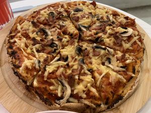 Mushroom bacon pizza — I’m sure this was a pre-cooked crust, but it was still quite good!  at Happy Blender in Athens