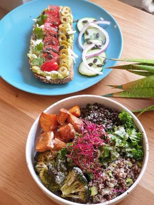 Greek Avocado Toast and Mean Protein Buddha bowl !!! at Happy Blender in Athens