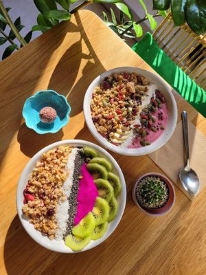 Pink Pitaya smoothie bowl and Strawberry Pink bowl and Strawberry energy ball (raw,gluten free, sugar free) at Happy Blender in Athens