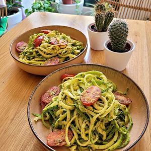 Almond Pesto Zoodles 😍 at Happy Blender in Athens