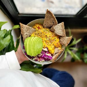 "Eggs" on a plate at Happy Blender in Athens