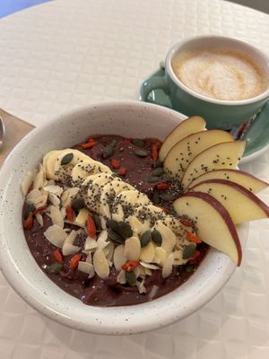 Açaí love bowl and coffeee  at Happy Blender in Athens