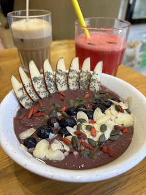 Açai Love bowl (minus banana topping), with iced coffee and fresh watermelon juice  at Happy Blender in Athens