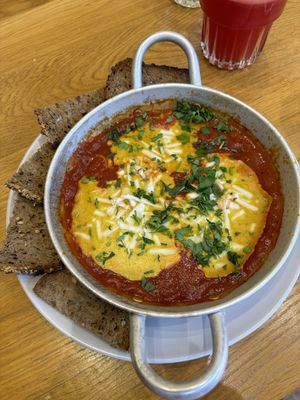 Vegan shakshuka and toast  at Happy Blender in Athens