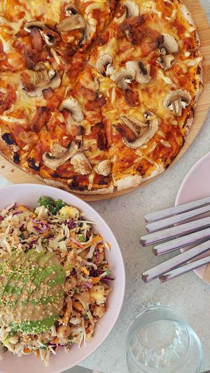 Exotic Super Salad, "Bacon" Mushroom Pizza at Happy Blender in Athens