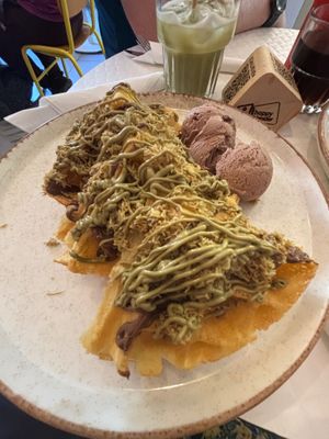 Vegan Dubai chocolate waffles and hazelnut ice cream  at Happy Blender in Athens