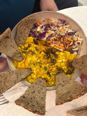 Vegan scrambled eggs , I think this is made from ackee at Happy Blender in Athens