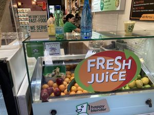 Juices, with HappyCow sticker  at Happy Blender in Athens