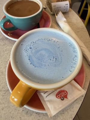 Blue latte and Greek coffee   at Happy Blender in Athens