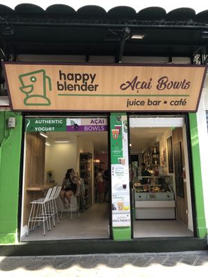 Outside of the café at Happy Blender in Athens