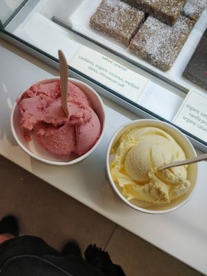 Vegan strawberry and mango ice cream  at Happy Blender in Athens
