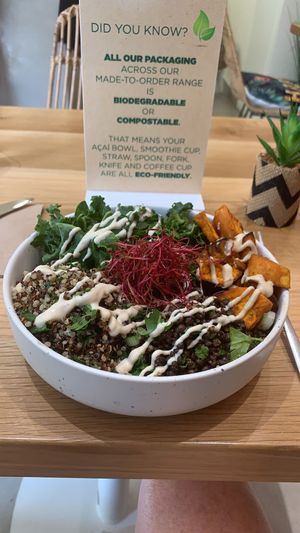 Epic Mean Protein Buddha Bowl ... Black Lentils , Bio quinoa , roasted sweet potatoes , Broccoli, kale , tahini sauce beet sprouts ... great generous bowl of love  at Happy Blender in Athens