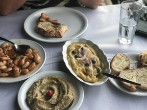 Fava beans, broad beans, aubergine and bread with garlic   at Panorama - Maybe closed in Kos