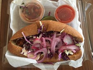 Soy torta (looks like eyes and a mouth saying “eat me, I’m plant-based” lol) at Guacamaya Oasis in Downey