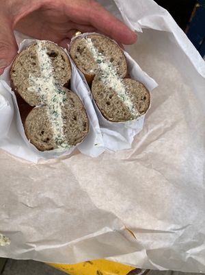 Currant cinnamon bagel with tofu-dill-black pepper spread at Westman's Bagel and Coffee in Seattle
