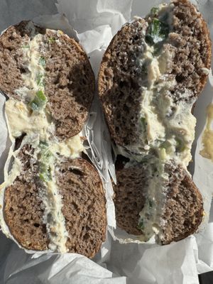 Vegan scallion on pumpernickel   at Westman's Bagel and Coffee in Seattle