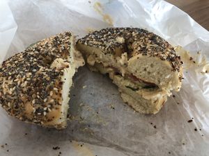 Hummus sandwich on everything bagel at Westman's Bagel and Coffee in Seattle