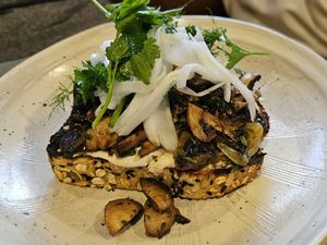 MUSHROOM TARTINE: sauteed mushrooms, herbed vinaigrette, macadamia cream, fennel salad at Equium Social in Newcastle
