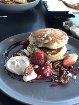 Buckwheat pancakes made vegan (coconut yoghurt) at Equium Social in Newcastle