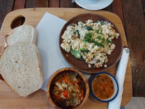 Tofu scramble with toast & jam. Yummy! at Pura Vida Cafe & Restaurant in Koh Phangan