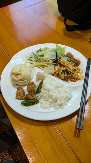 My first plate of food! Mapo tofu, layered bean curd, original bao, lots of veggies and potato at Leshan Giant Buddha 乐山素食餐厅 in Leshan