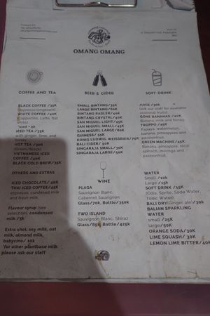 Menu drinks at Omang Omang in Manggis