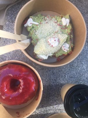 Strawberry donut and avocado toast !!! Muy deliciouso   at Vegan Bowls in Barcelona