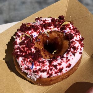 Vegan red velvet donut! 🌱👍 at Vegan Bowls in Barcelona