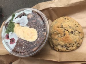 Cacao dreams smoothie bowl, chocolate chip cookie at Vegan Bowls in Barcelona