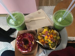 Red velvet donut, green detox and Mexican bowl. at Vegan Bowls in Barcelona