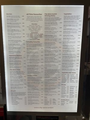 Main menu with vegan options   at City Spice in East London