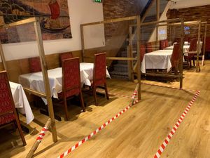 City Spice, Plexiglass screens and a one way system in order to limit the spread of coronavirus while enjoying award-winning vegan Indian cuisine.  at City Spice in East London