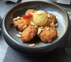 Chef’s choice vegan style - pumpkin fritters with orange sorbet   at Origens in Evora