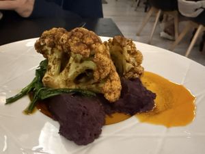 Cauliflower and spinach over a red cabbage puree  at Origens in Evora