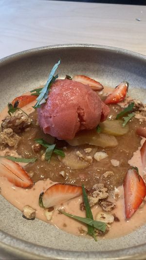 Strawberry rhubarb. Delicious dessert, cold sorbet but warm sauce!  at GYS - Amsterdamsestraatweg in Utrecht