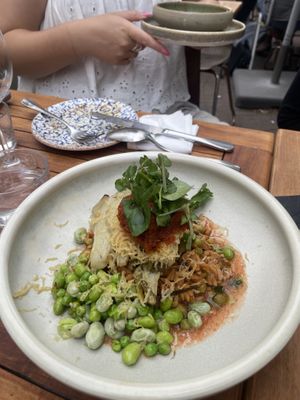 Big plate. Spanish chorizo orzo
Orzo, chorizo, gerookte venkel, gebarbecuede tuinbonen, artisjok, citroen-paprika fond, venkel olie. The chorizo added a spicy kick! Love  at GYS - Amsterdamsestraatweg in Utrecht